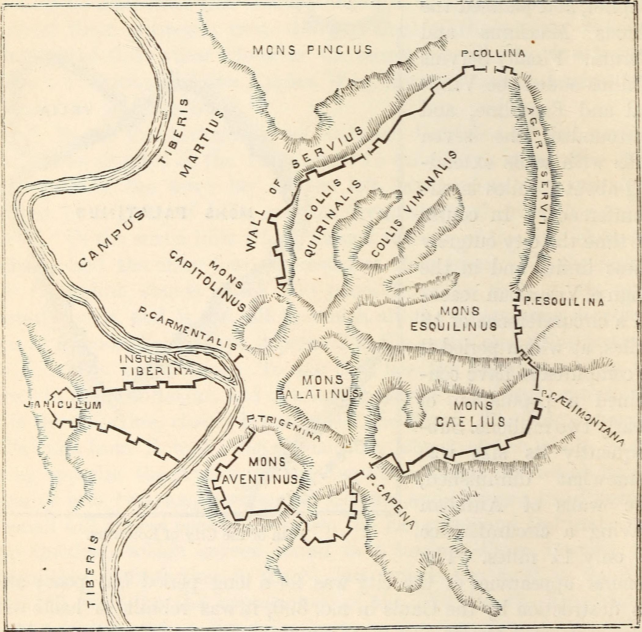 A map of the Servian Wall. Taken from 'The student's manual of ancient geography, based upon the Dictionary of Greek and Roman geography' by William Smith, licensed from Flickr The Commons, view in lightbox A map of the Servian Wall. Taken from 'The student's manual of ancient geography, based upon the Dictionary of Greek and Roman geography' by William Smith, licensed from Flickr The Commons